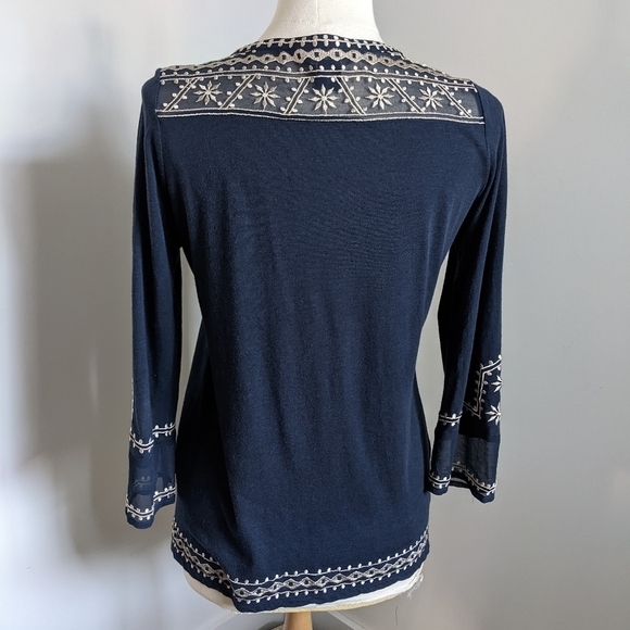 𝅺lucky Brand Navy Blue Tunic Tee Shirt S Western Embroidery - Picture 7 of 13